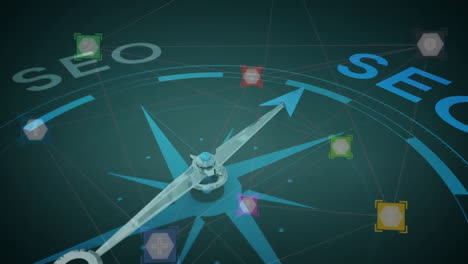 animación de texto seo sobre gráfico de brújula con conexiones de red