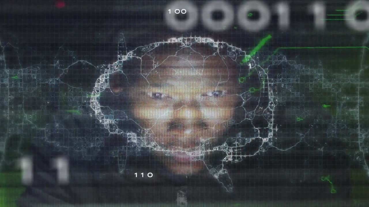 Scan starting, hooded subject aligning with brain mesh, circuits pulsing, digits revealing ID