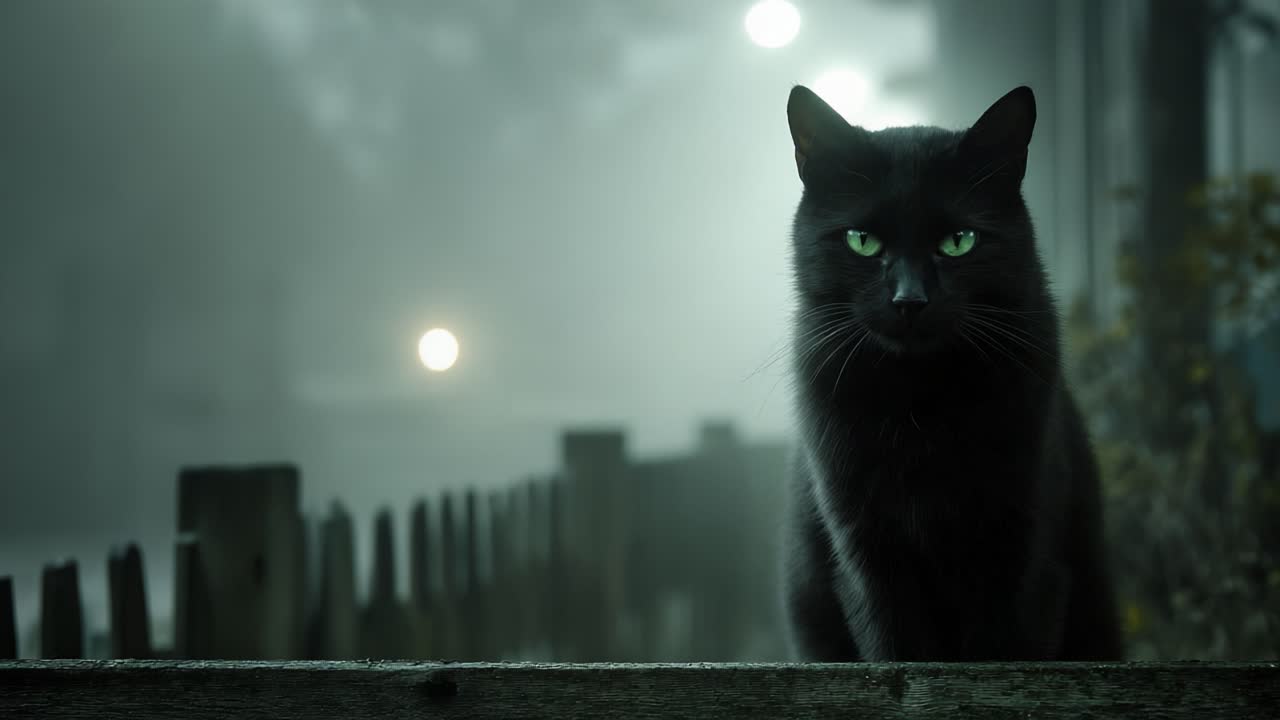Mysterious Black Cat Staring Intently in a Foggy Night Landscape: An Enigmatic Encounter with Nature's Secrets Revealed
