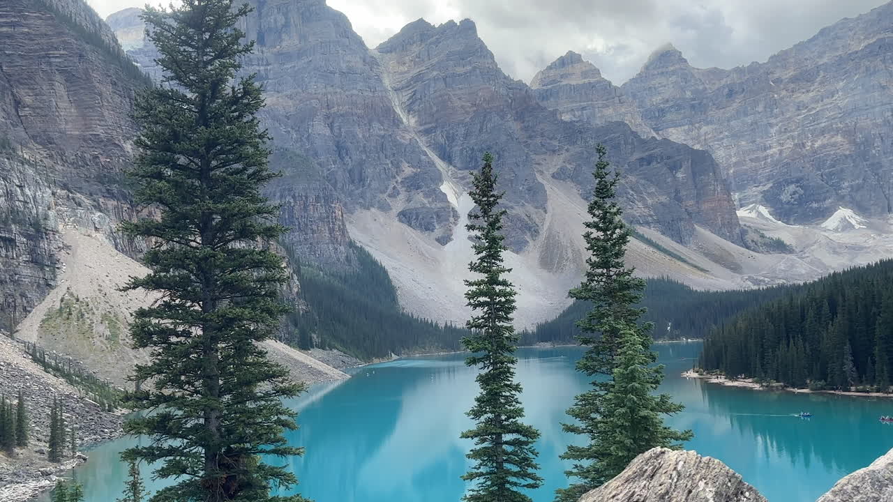 Zoom in shot of a mountainous landscape of Moraine Lake, Banff, Canada