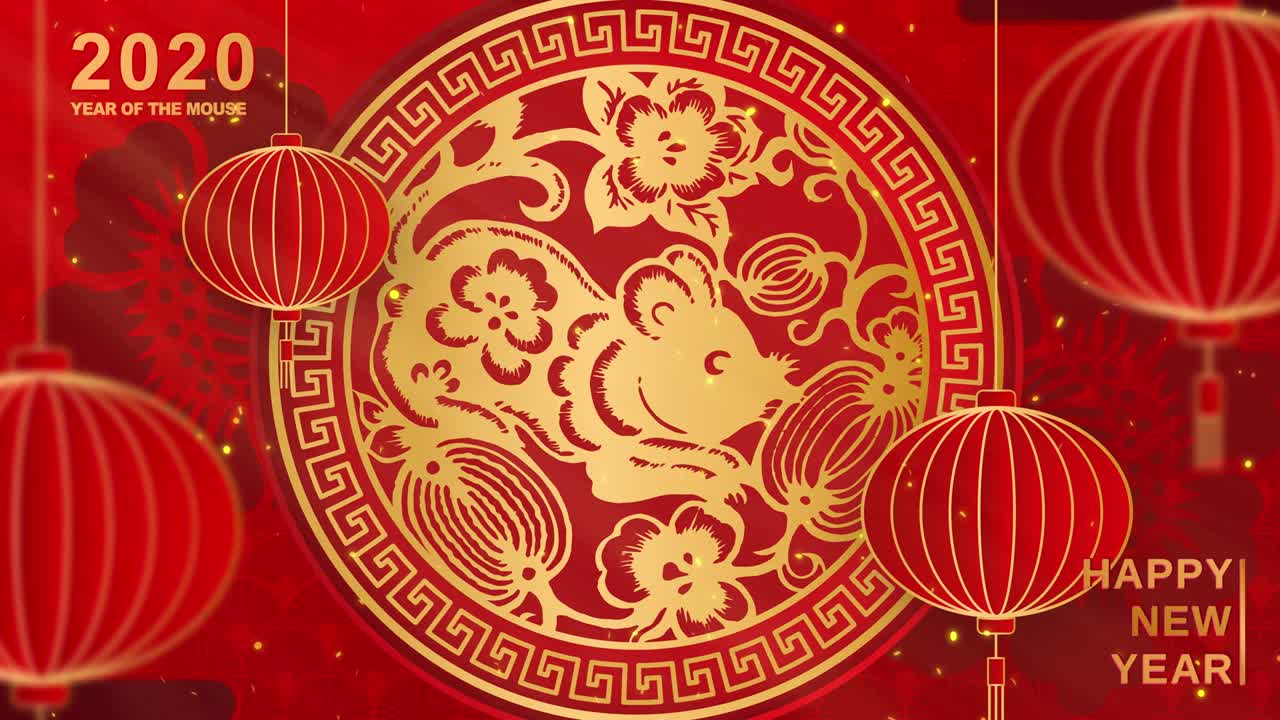los mejores deseos para el año de la rata en palabra china.feliz año nuevo 2020. año nuevo chino. china linterna red redonda y flores en fondo rojo. video de bucle