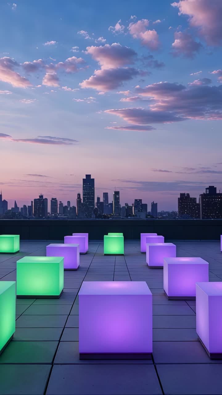 Vertical video: Sun sinking behind skyline cubes emitting green purple glow on rooftop terrace