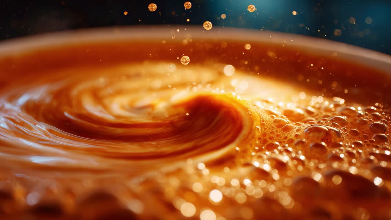 Un primo piano accattivante di un ricco liquido marrone con vortici, bolle e goccioline evoca movimento e profondità.