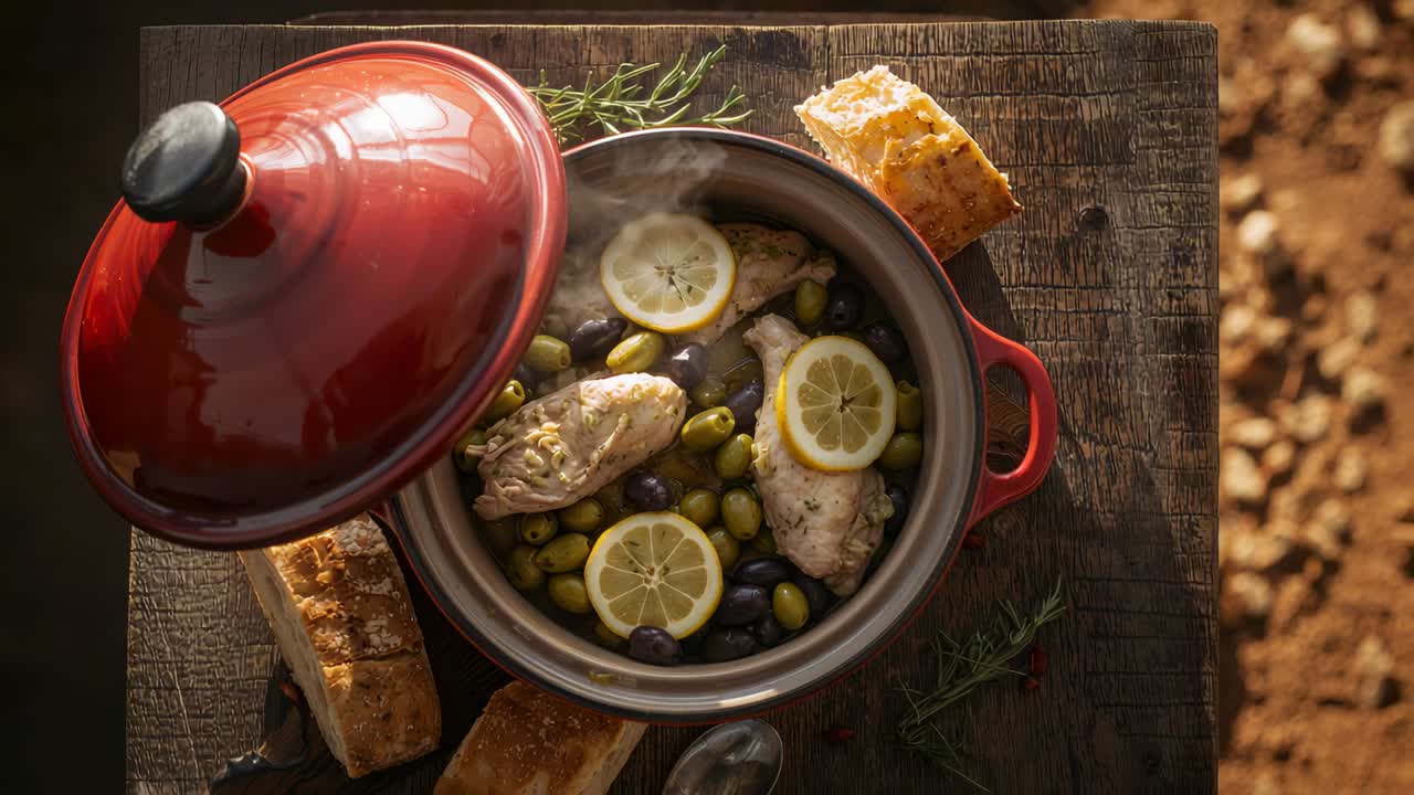 Coperchio smaltato rosso sollevato da una pentola, che rivela pollo, olive e fette di limone su un tavolo di legno all'aperto