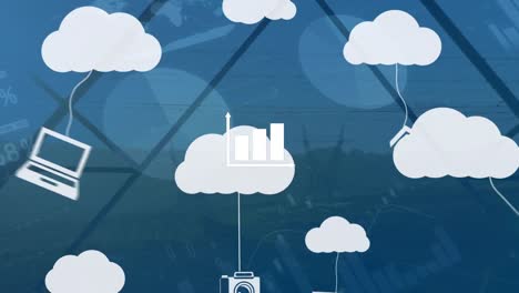 Animation-of-clouds-with-technology-icons-over-graphs-and-data-on-blue-background