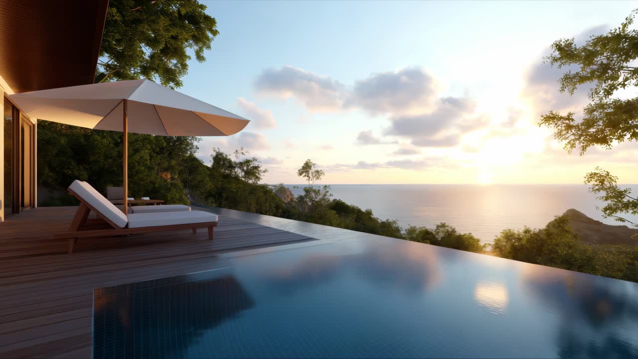 Infinity pool with wooden deck and umbrella chairs offers a stunning view of the ocean at sunset with scattered clouds and serene ambiance
