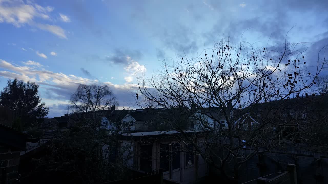 Zeitraffer-Sonnenuntergangshimmel mit schnell ziehenden Wolken über ruhigen Vorstadthäusern