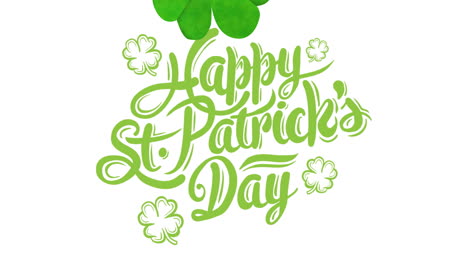 animation of happy st patrick's day text with clover leaves on white background