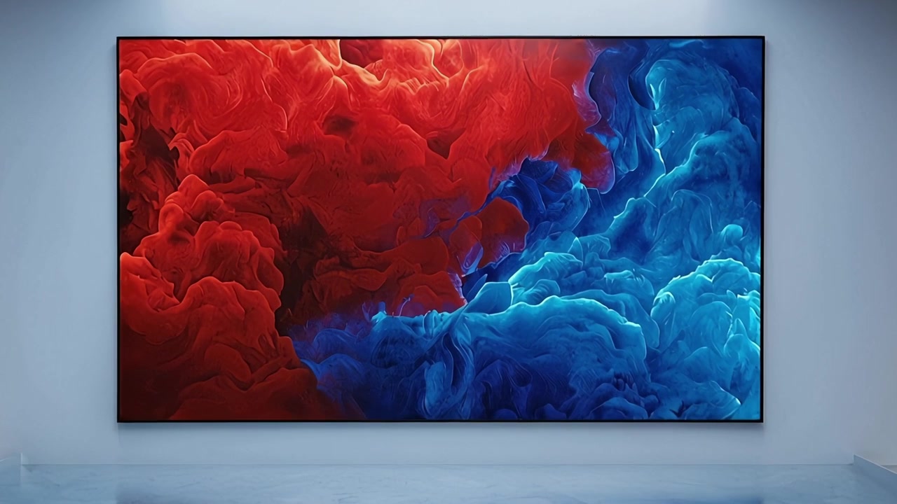 Large Screen in Modern Gallery Showcasing Dynamic Red and Blue Abstract Art