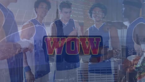 animación del procesamiento de datos financieros con texto wow y paisaje urbano sobre diversos jugadores de baloncesto.