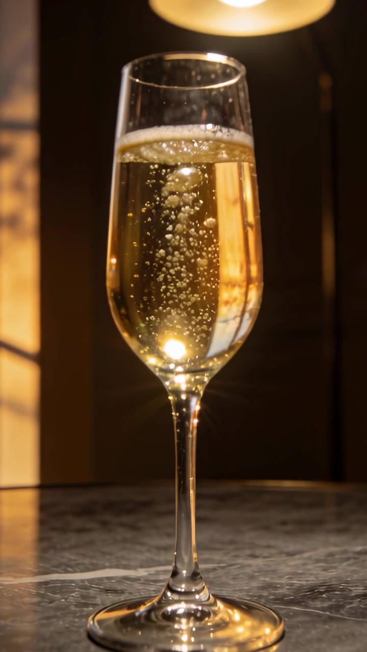Video verticale: Colonna di bollicine che sale dal gambo in un flûte di champagne su un tavolo, con una lampada dalla luce calda.