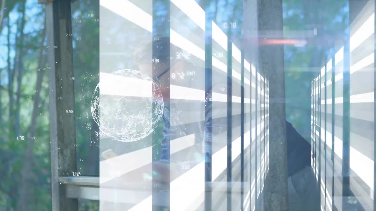 스마트폰을 이용한 백인 남성 위의 전지구, 숫자 및 빛으로 만든 터널의 애니메이션