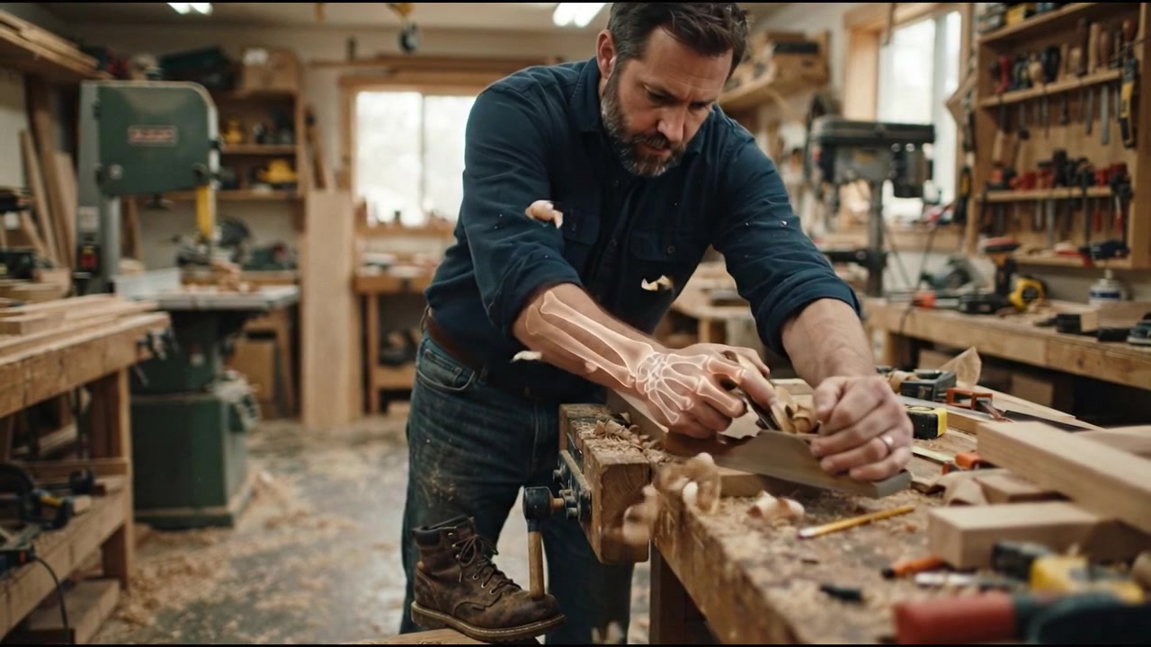 Carpenter Using Hand Plane on Wood in Workshop