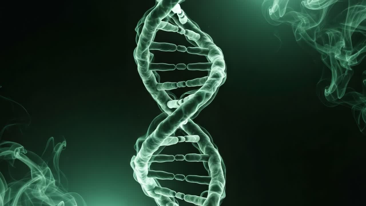 An Abstract Visualization of a DNA Helix Surrounded by Ethereal Green Smoke, Capturing the Essence of Genetic Structure and Molecular Biology in a Mysterious Atmosphere