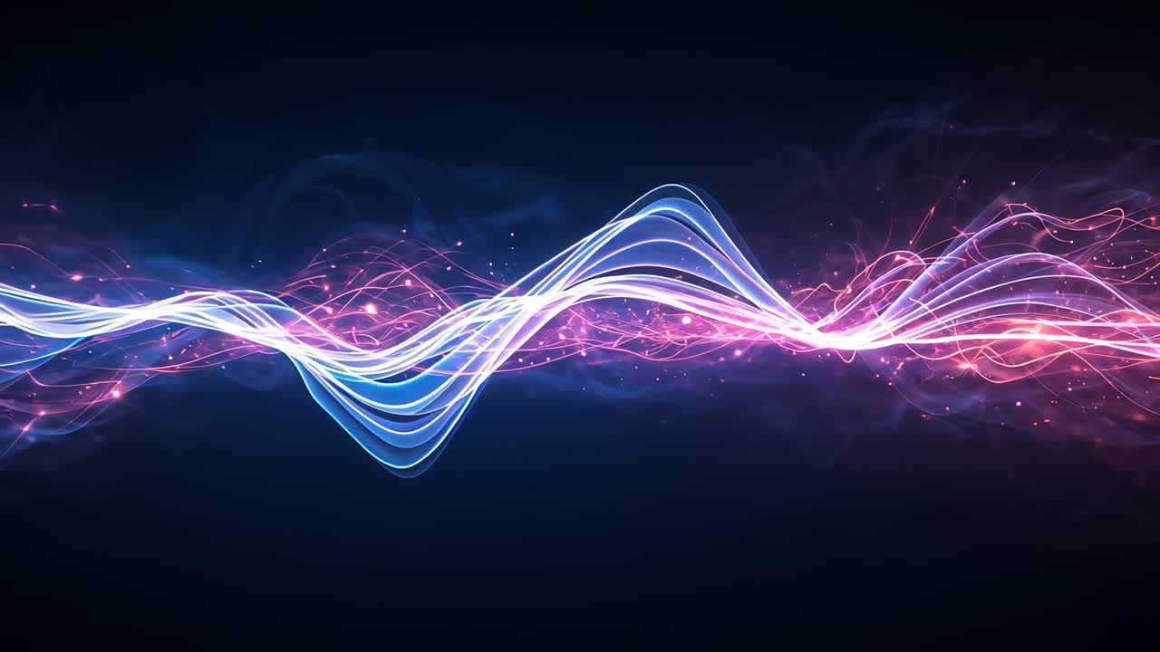 Drifting blue and pink ribbons oscillating merging in digital void, illustrating energy flow