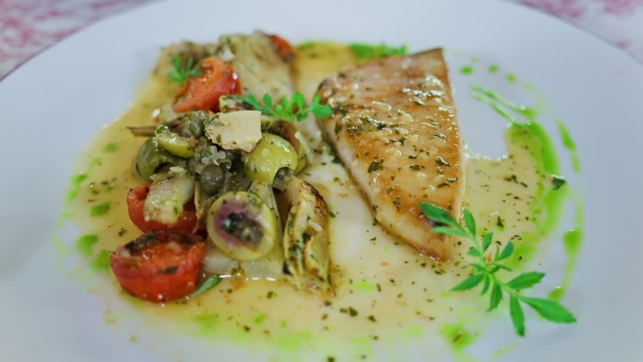 Close up of grilled salmon with vegetables on a white plate at a restaurant