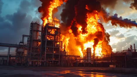 una gran planta industrial con un gran fuego en el fondo