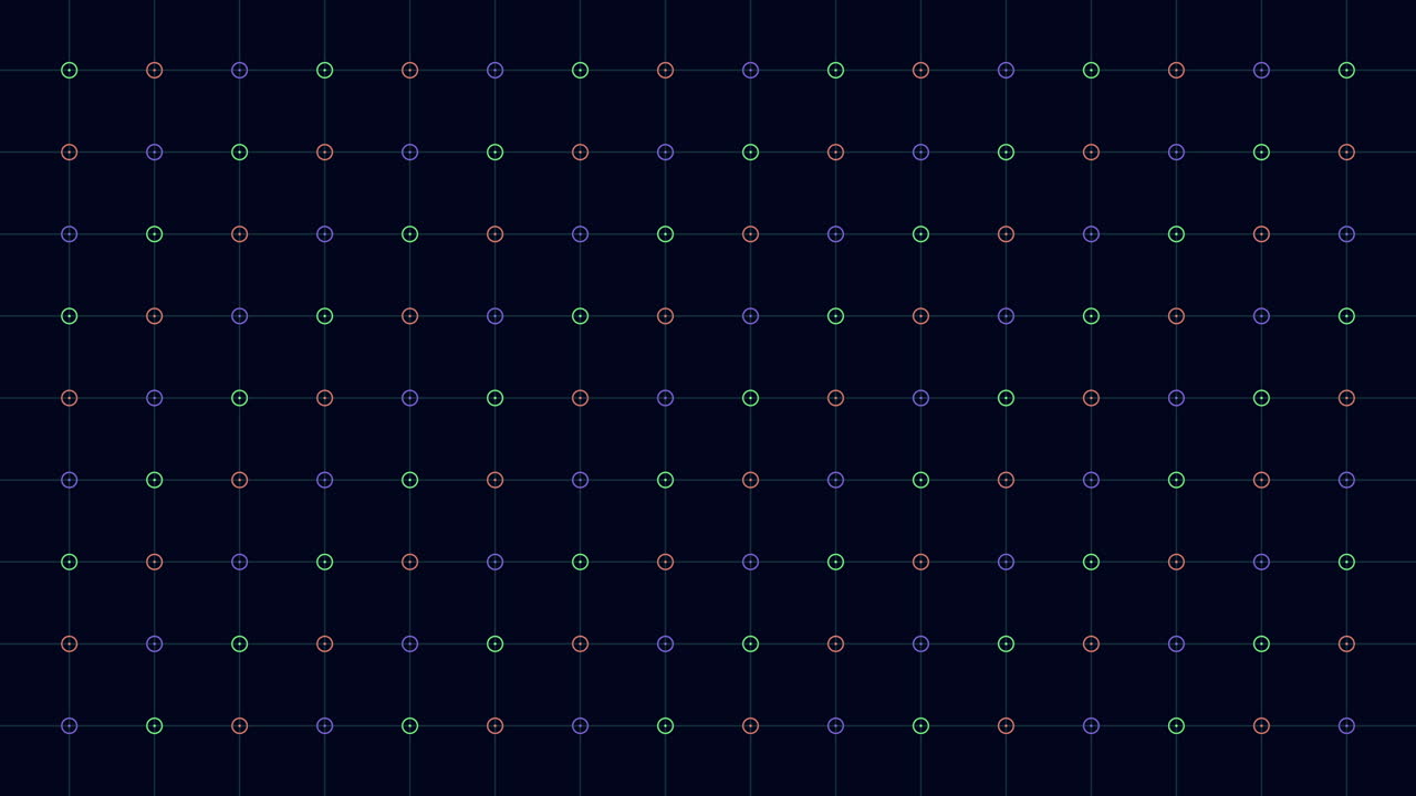 Seamless abstract footage of a dark digital grid with glowing red, green, and blue nodes, forming a futuristic network pattern for technology, data, and interface designs