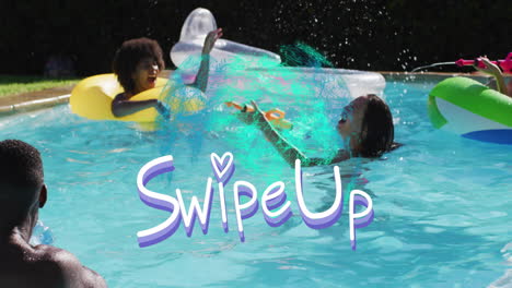 people enjoying pool with swipe up text animation over water splash