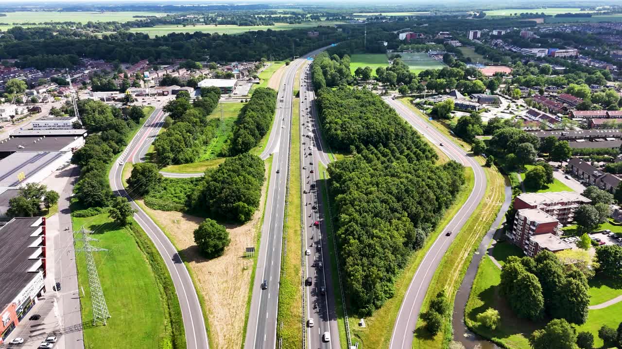 Aerial View of Highway Through Dutch Town