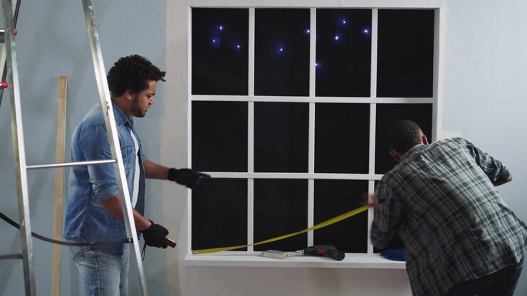 African-American man measures window length with colleague