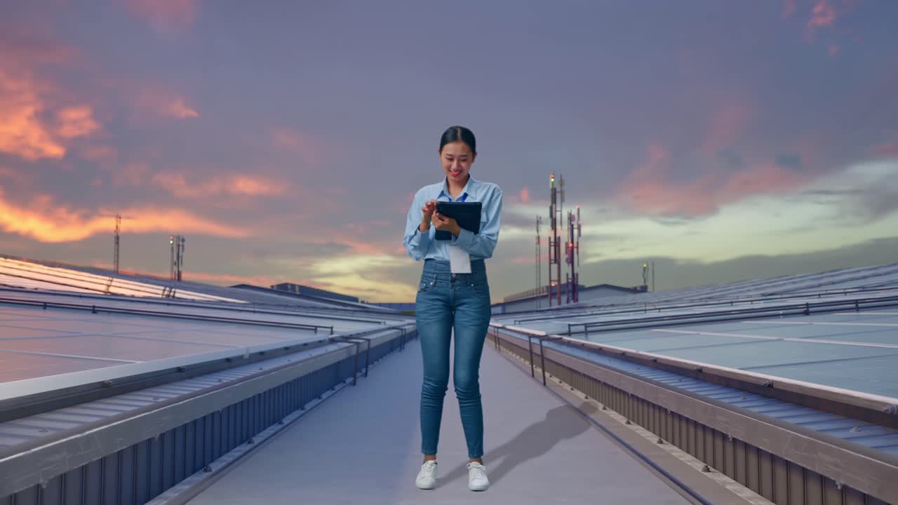 Full Body Of Asian Female With Her Tablet, Inspecting Industrial Rooftop Solar Panels, Typing On Her Tablet'S Keybaord With Meditation