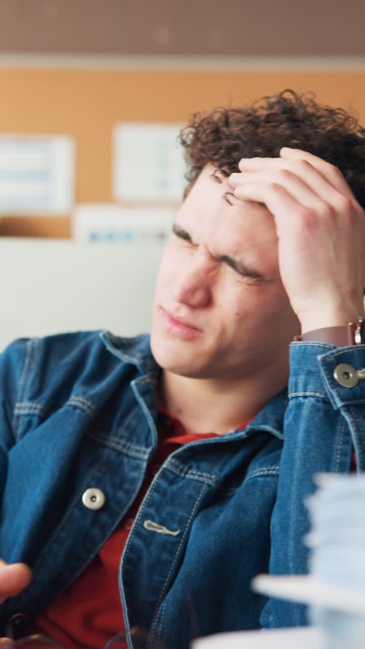 Frustrated Young Man Covering Face in Office