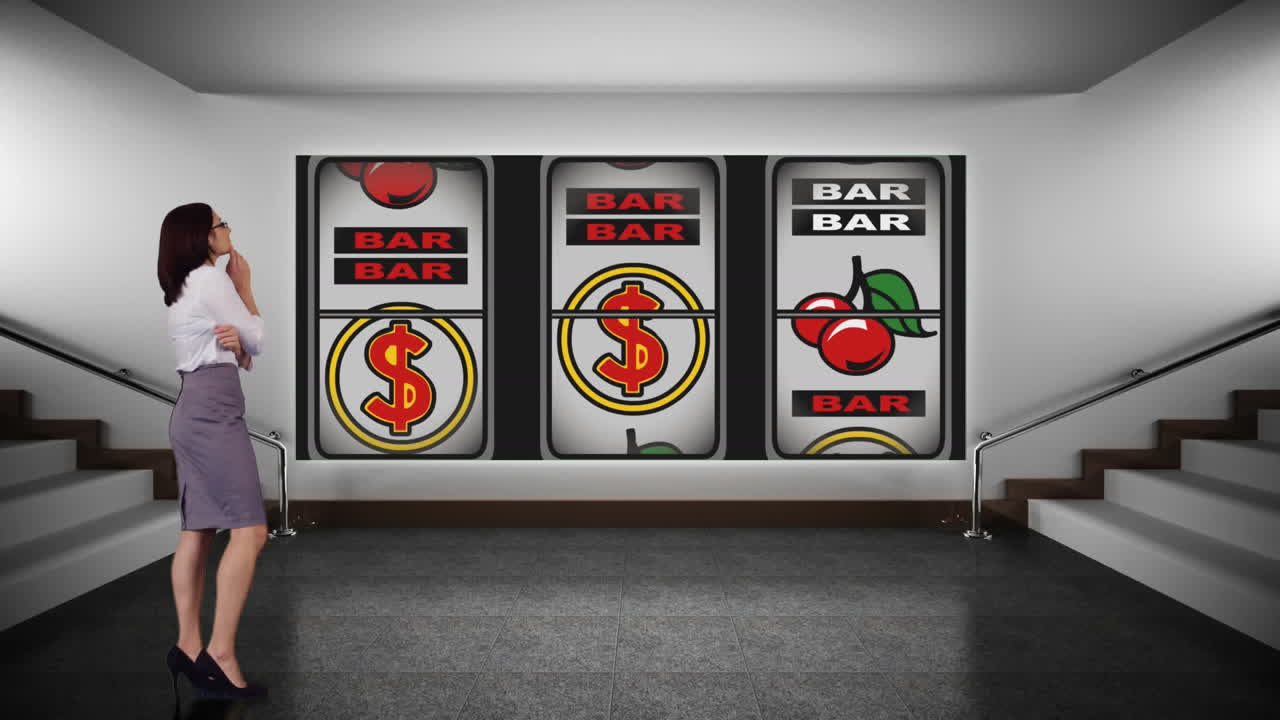 Composizione digitale di una donna d'affari e una slot machine da casinò