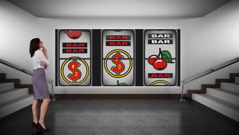 compuesto digital de una mujer de negocios y una máquina tragamonedas de casino