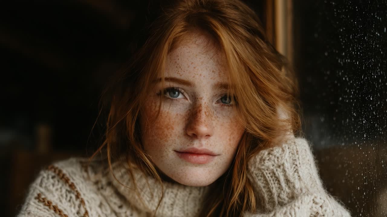 Captivating Portrait of a Young Woman with Freckles and Flowing Red Hair, Relaxing by a Window with Rain Drops, Emphasizing Introspection and Serenity