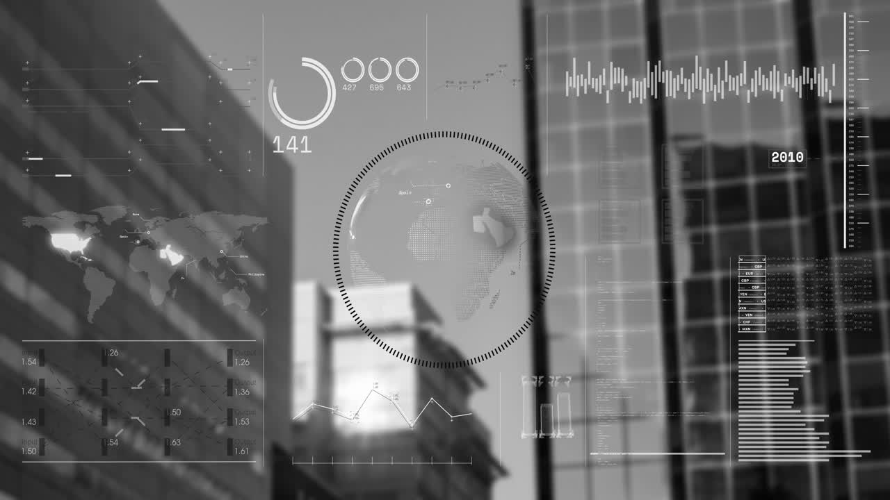 Data analytics and global statistics animation over city skyscrapers
