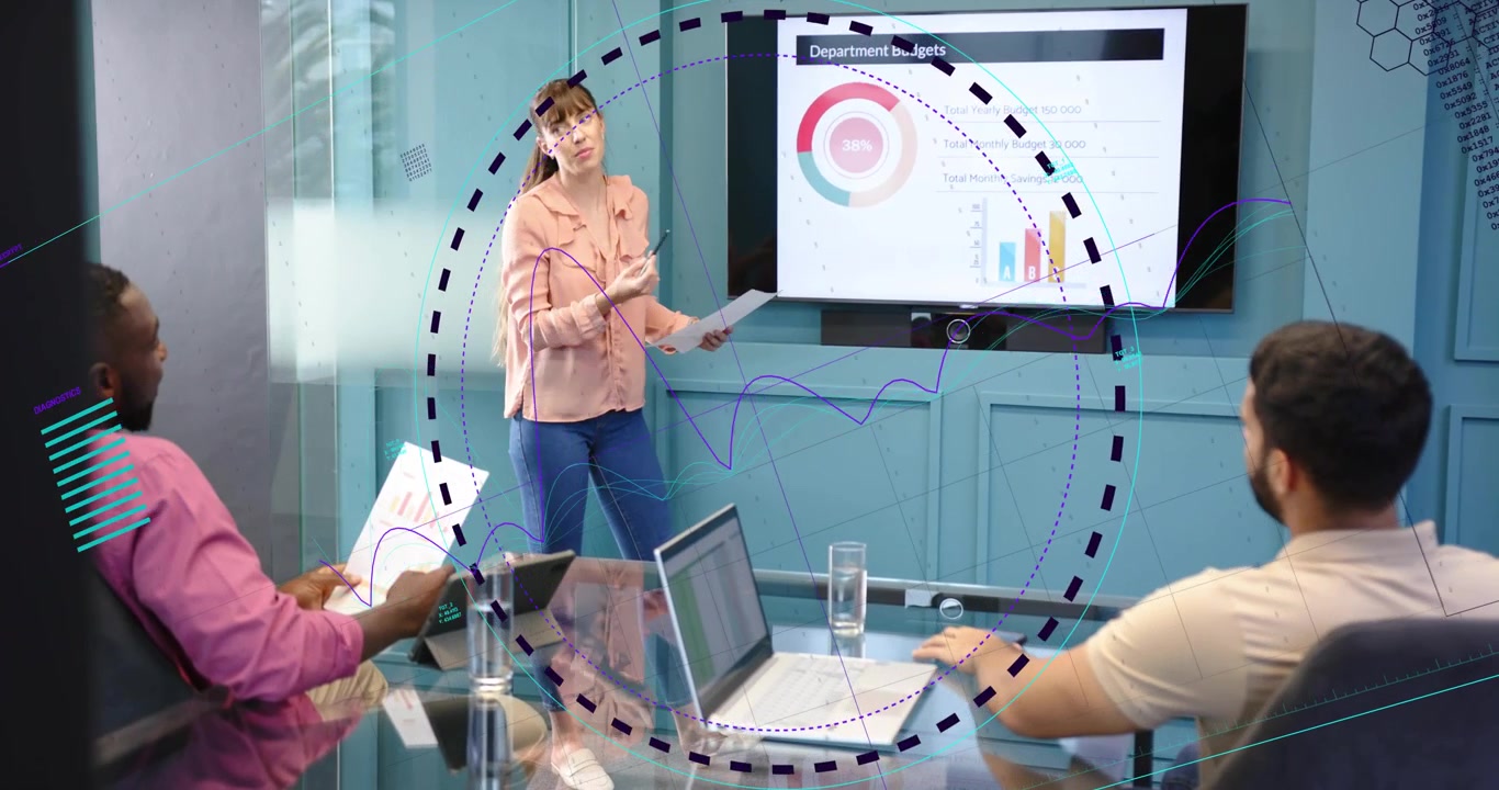 Presenter leading budget meeting, pointing pie chart and starting dashed overlay, team on laptop