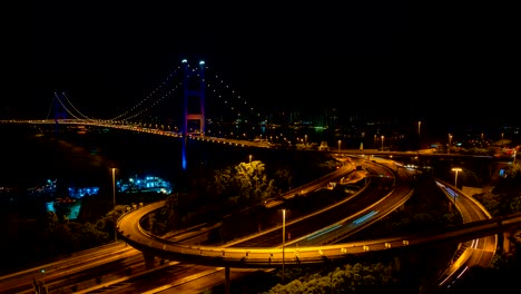puente tsing ma, hong kong. metrópolis moderna con senderos de tráfico de autopista en la autopista, atascos de tráfico de la autopista ocupada de la carretera, tráfico en las horas pico en las carreteras de la ciudad. vista superior de la autopisa de lapso de tiempo