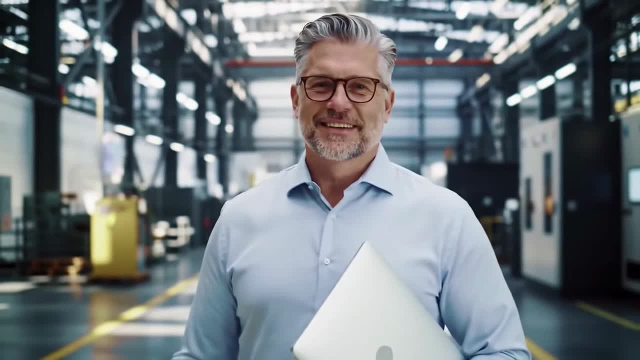 Selvsikker mandlig leder smilende og gående på en moderne fabrik