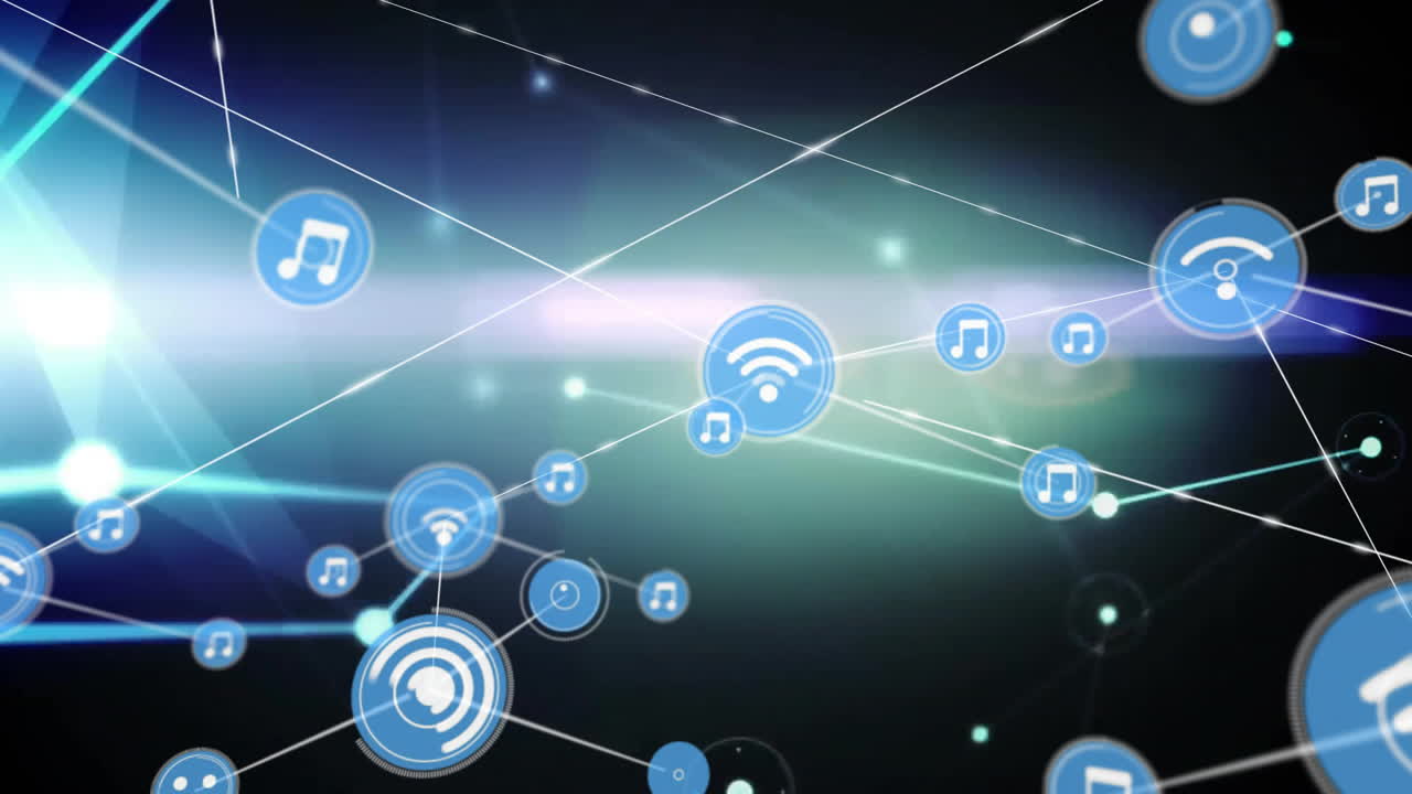 música y iconos wi-fi conectados por líneas, animación de comunicación de red