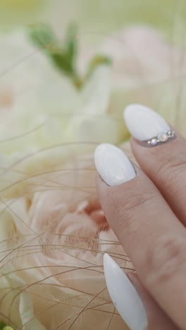 elegant young bride hand with white designer manicure touches wedding bouquet of roses on blurred background closeup. marriage and engagement celebration