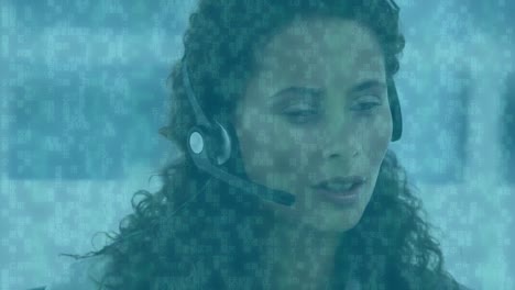 mosaic square pattern over african american female customer care executive talking on phone headset