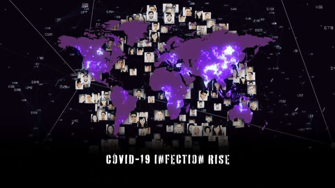 Animation of the words Covid-19 Infection Rise written over world map and photographs' network formi