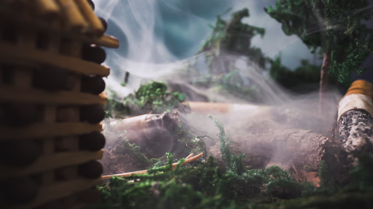 escena con la construcción de partidos de juguete en el humo y los stubs en el bosque