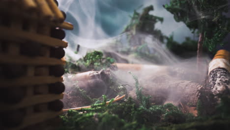 scene with toy match building in smoke and stubs in forest