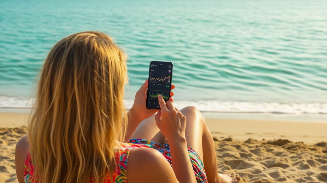 A Relaxing Beach Day: Monitoring Stock Trends on a Smartphone While Enjoying the Tranquil Ocean Waves and Warm Sand Under the Sun