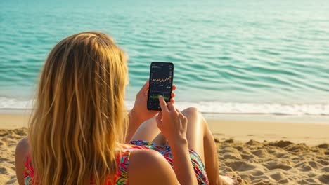 a relaxing beach day: monitoring stock trends on a smartphone while enjoying the tranquil ocean waves and warm sand under the sun