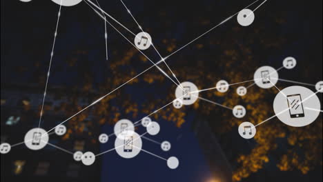 animation of network of connections with icons over cityscape