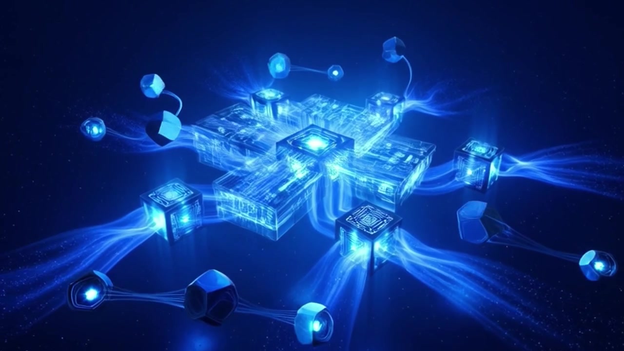 Digital Network Connection with Glowing Data Cubes and Circuitry