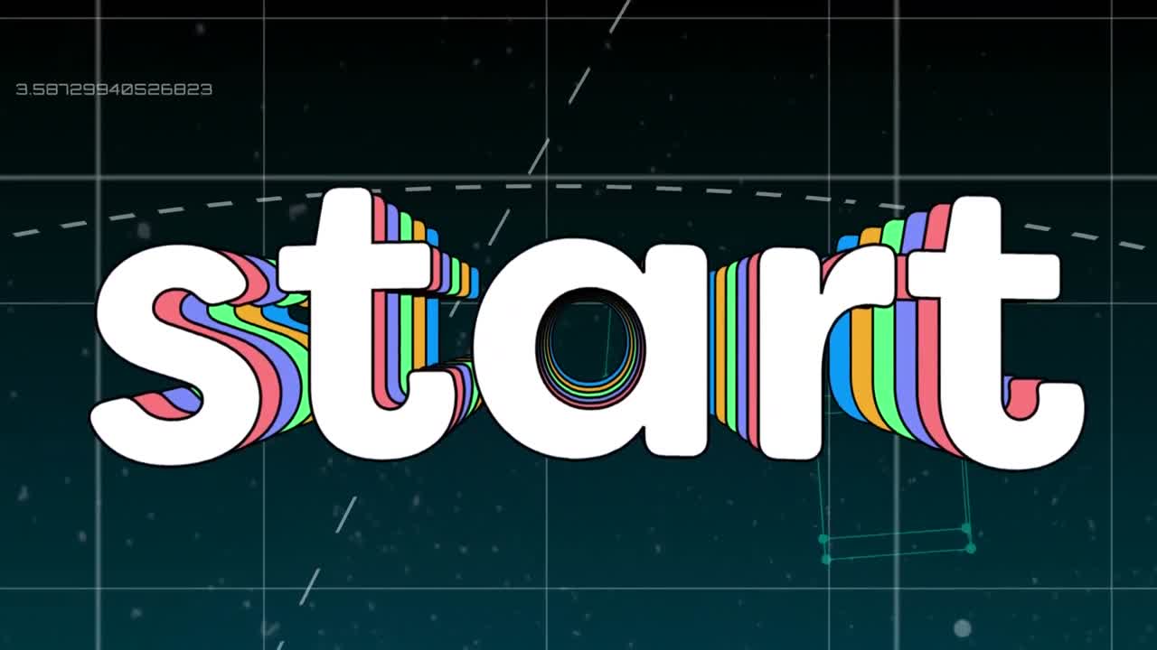 animación de texto inicial multicolor con formas geométricas sobre fondo negro