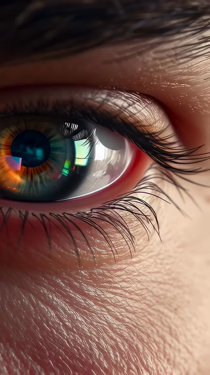 Vertical video: Showing human eye reacting to studio light in close-up, shifting gaze and lashes