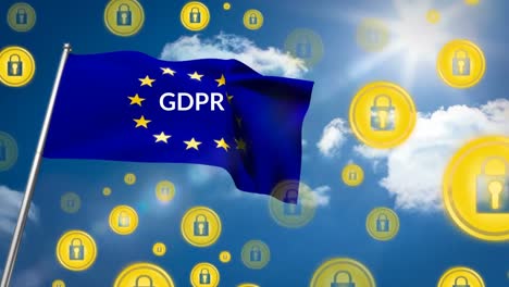 gdpr bandera europea en un fondo de cielo con iconos de seguridad