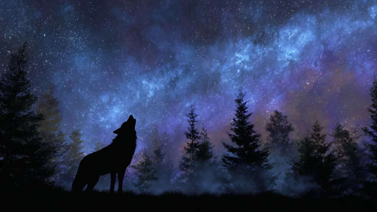 A solitary wolf howls at a breathtakingly starry night sky filled with vibrant cosmic colors, surrounded by silhouettes of tall trees, evoking a sense of wilderness and mystery