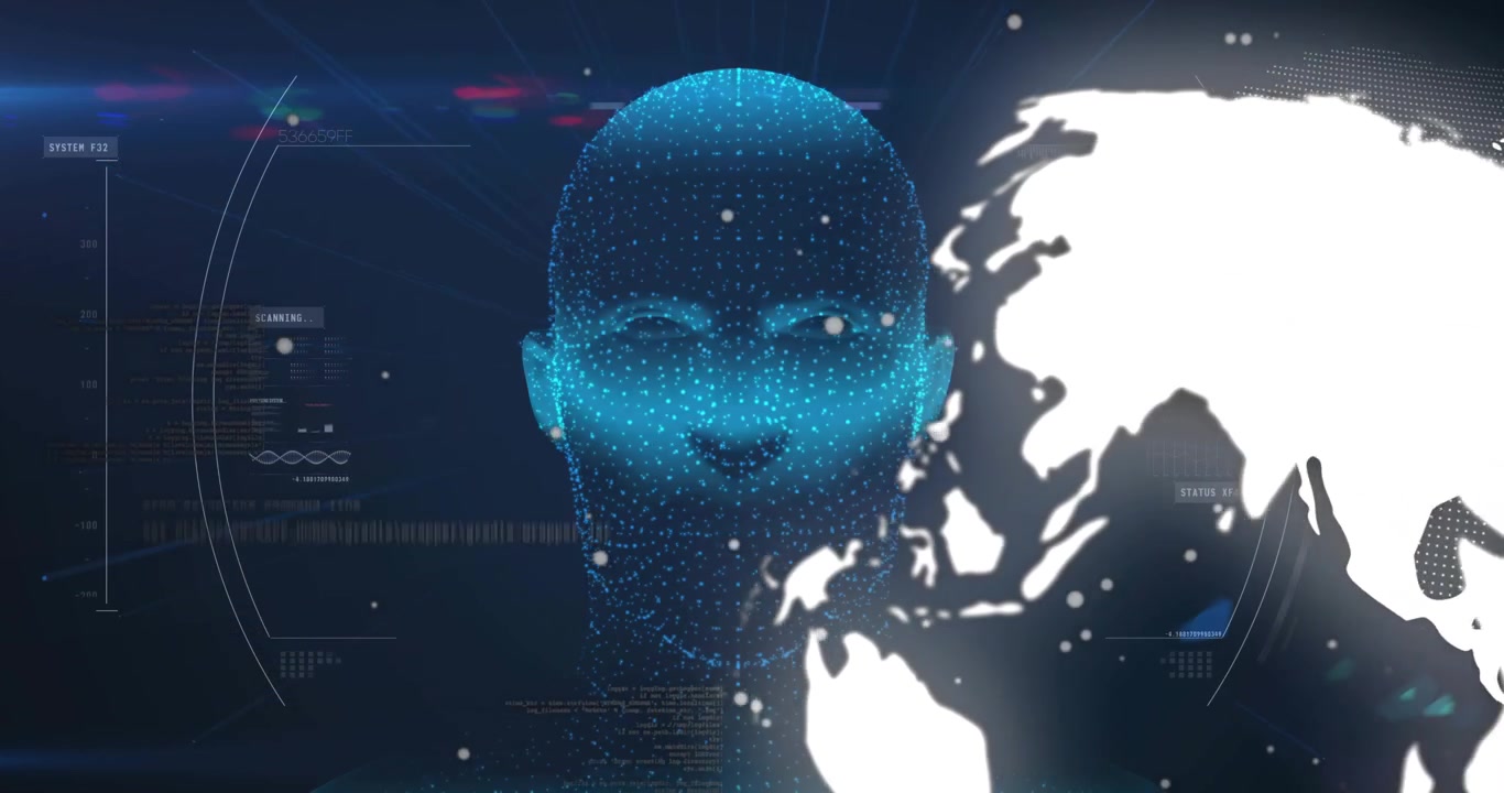 3D globe rotating to reveal head outline, red markers pulsing and HUD lighting for data integration