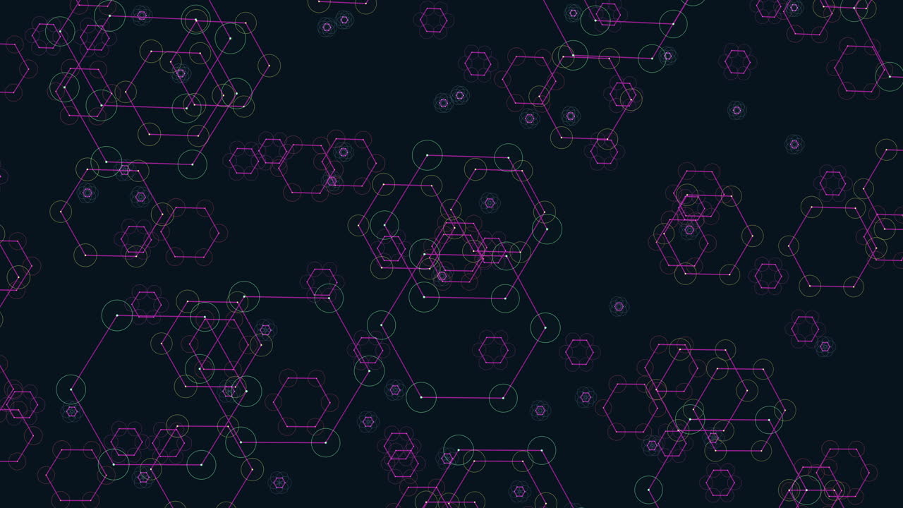 Interconnected hexagonal grid with purple and green color scheme